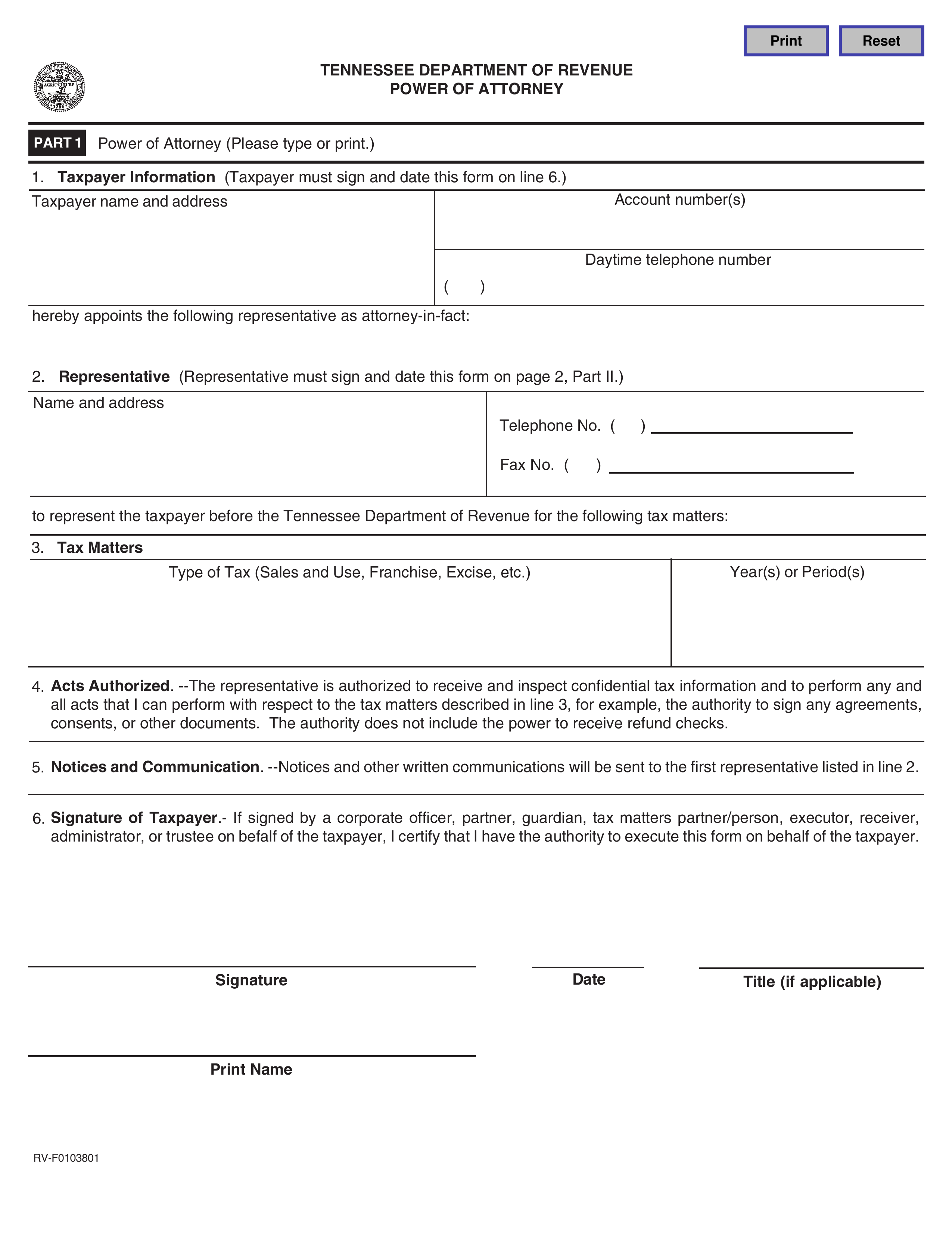 Tennessee Tax Power of Attorney (Form RV-F0103801)