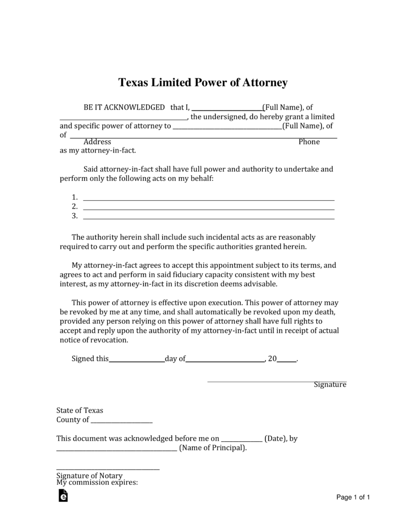 Free Texas Limited Power of Attorney Form Word PDF eForms