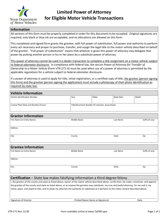 Texas Vehicle Power of Attorney Form