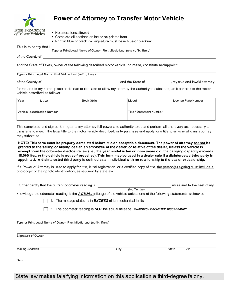 Texas Motor Vehicle Power of Attorney (Form VTR-271 