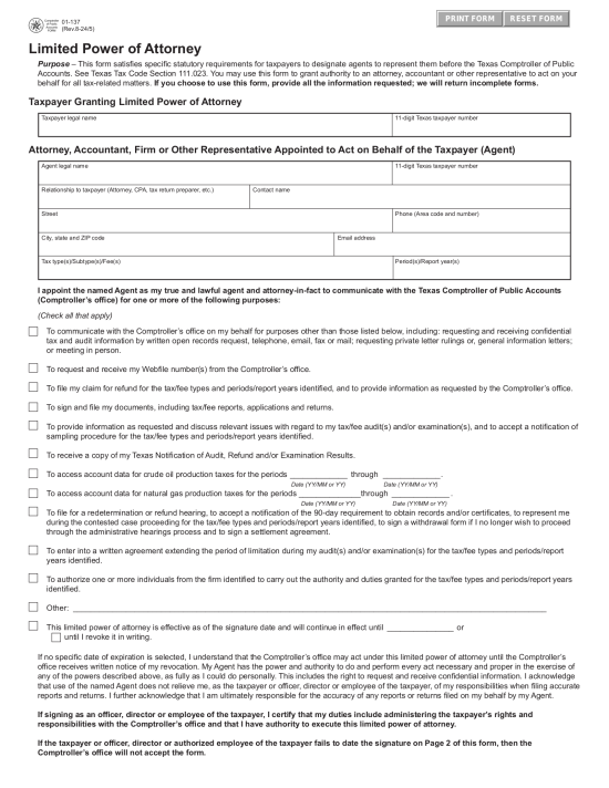 Texas Tax Power of Attorney (Form 01-137)
