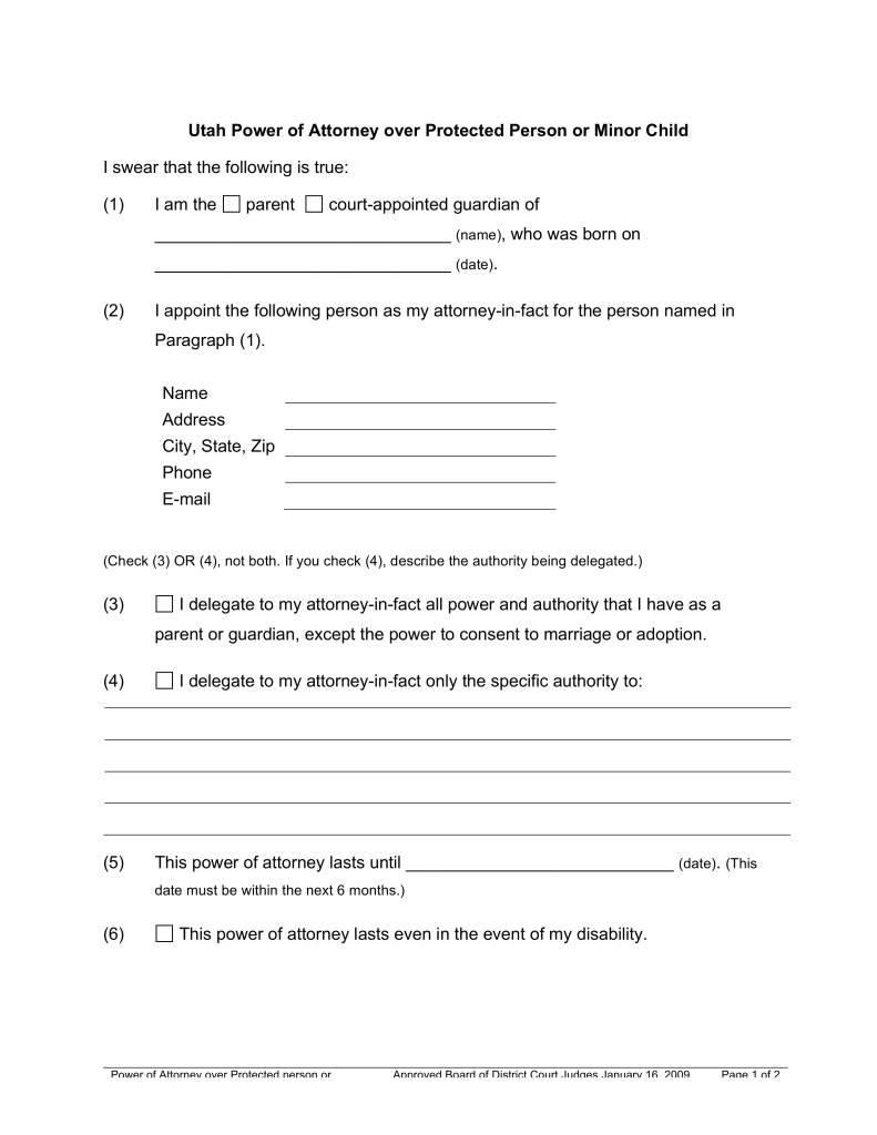 Free Utah Guardian of Minor Power of Attorney Form - PDF 