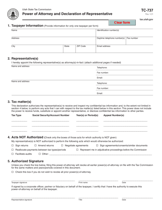 Utah Tax Power of Attorney (Form TC-737)