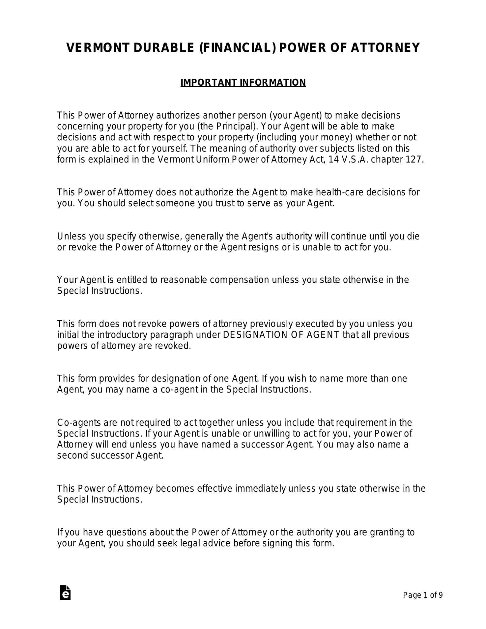 Free Vermont Power of Attorney Forms (10 Types) PDF Word eForms