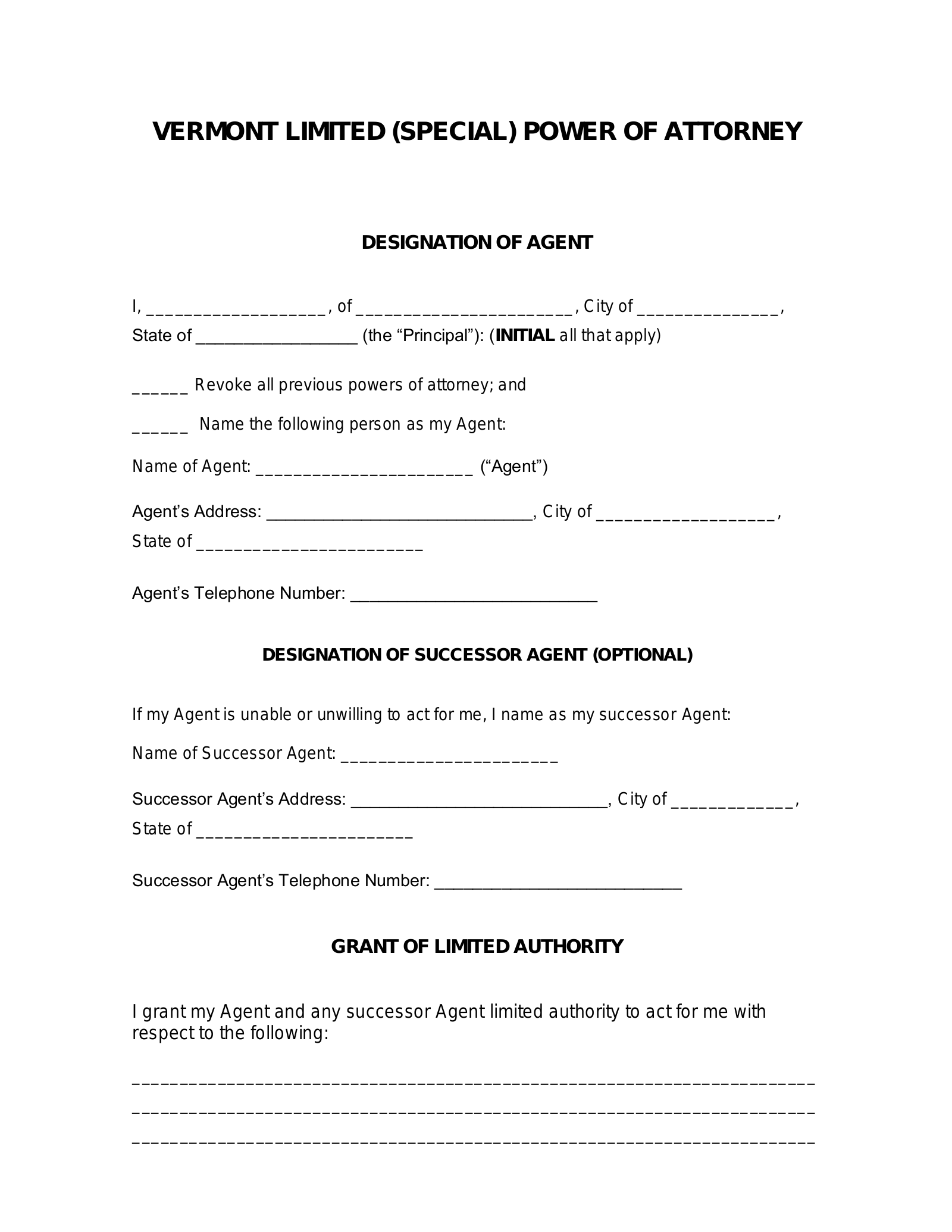 Vermont Limited Power of Attorney Form