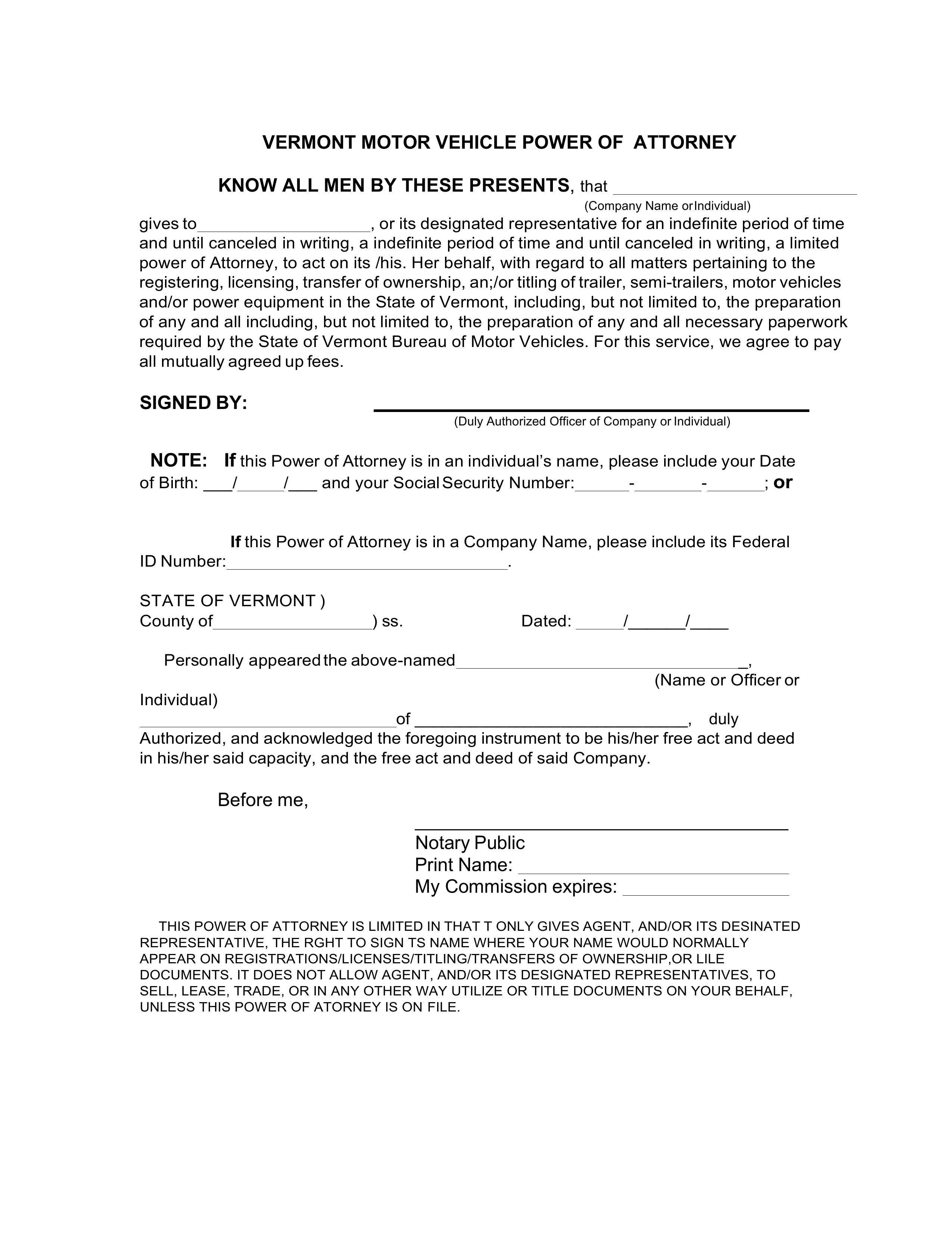 Vermont Motor Vehicle Power of Attorney Form