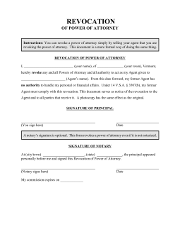 Vermont Revocation of Power of Attorney Form