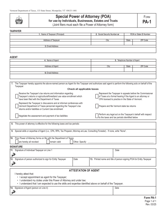 Vermont Tax Power of Attorney (Form PA-1)