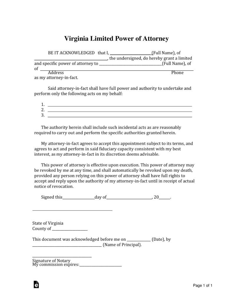 Virginia Limited Power of Attorney