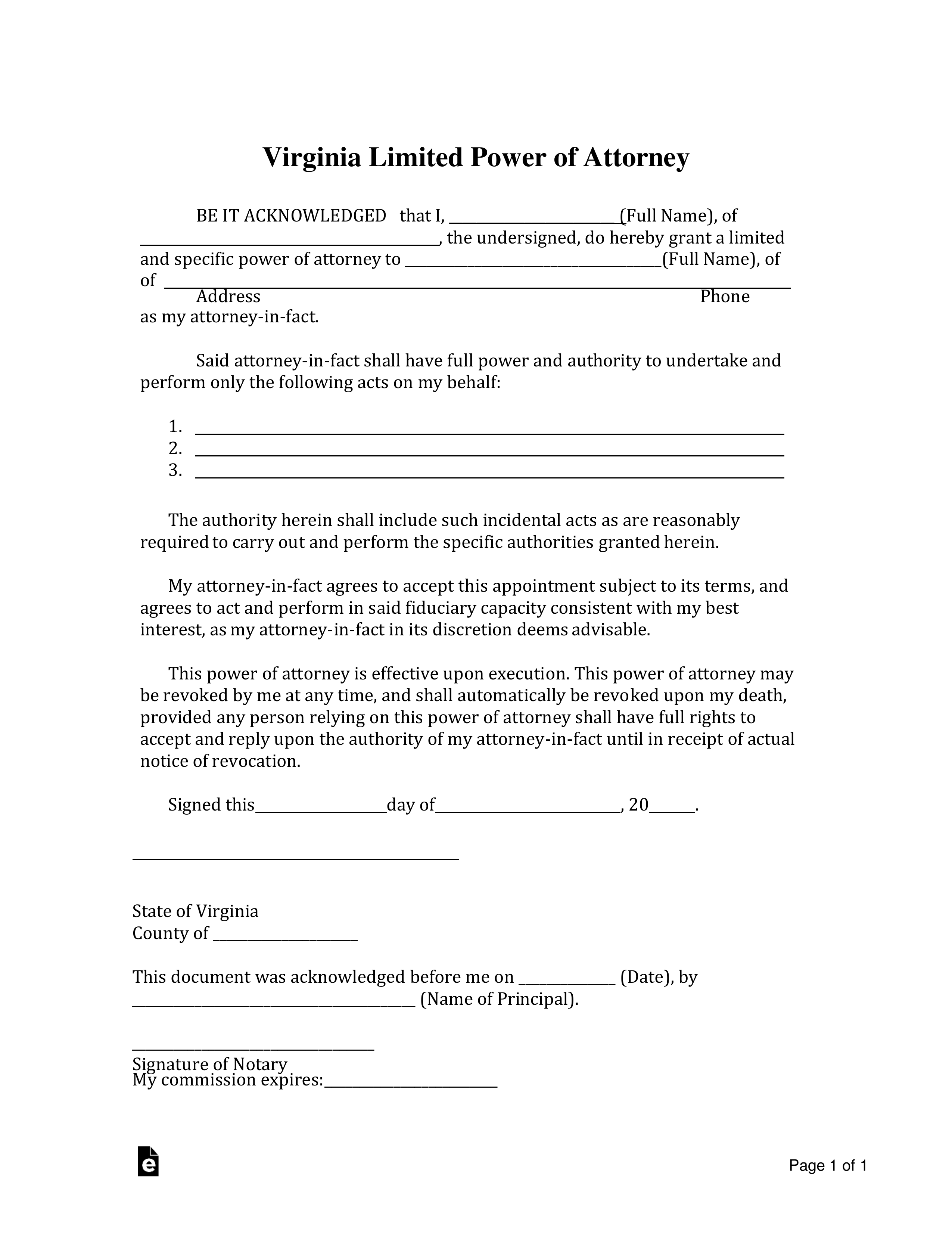 Free Virginia Limited Power of Attorney Form Word PDF eForms