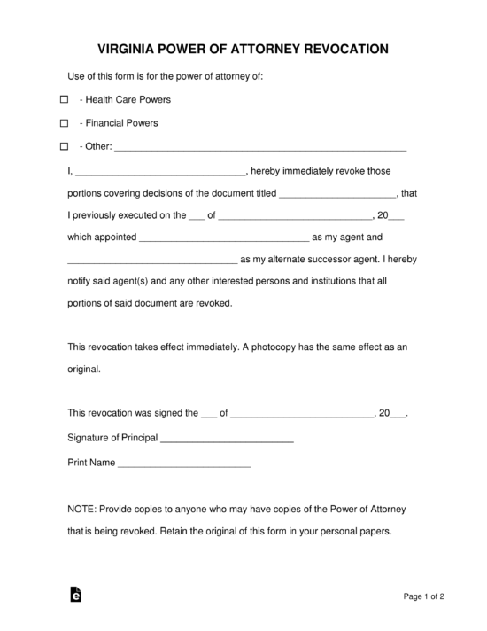 Free Virginia Revocation Of Power Of Attorney Form Pdf Word Eforms