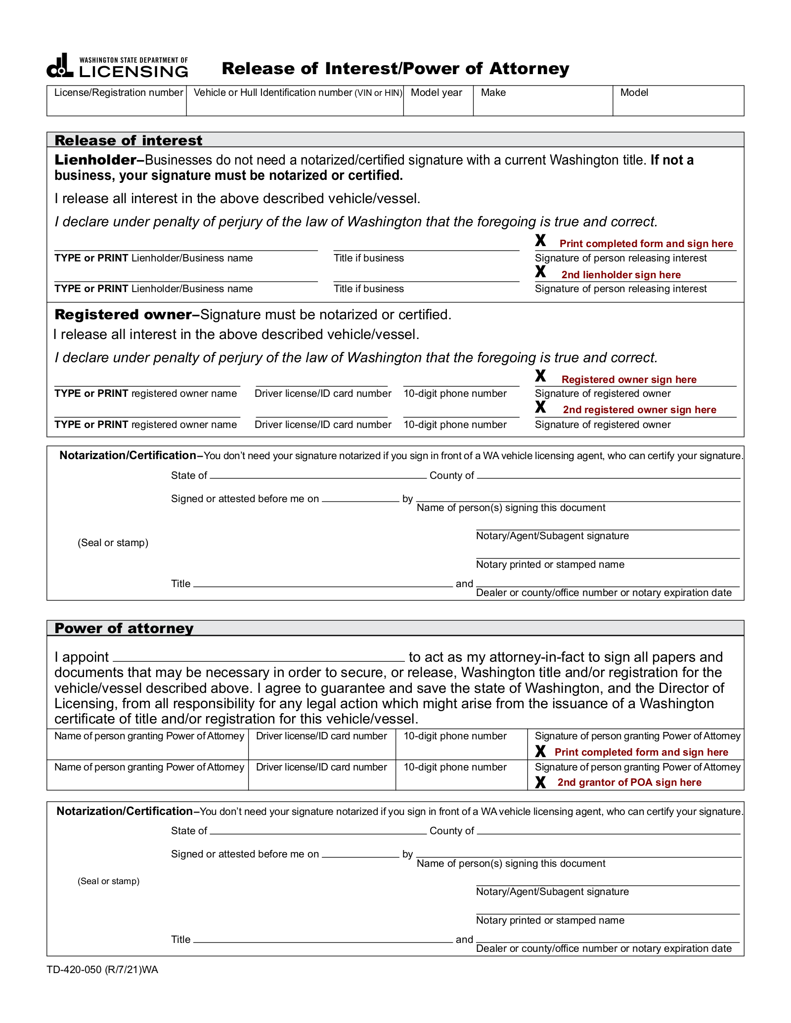 Washington Vehicle Power of Attorney Form