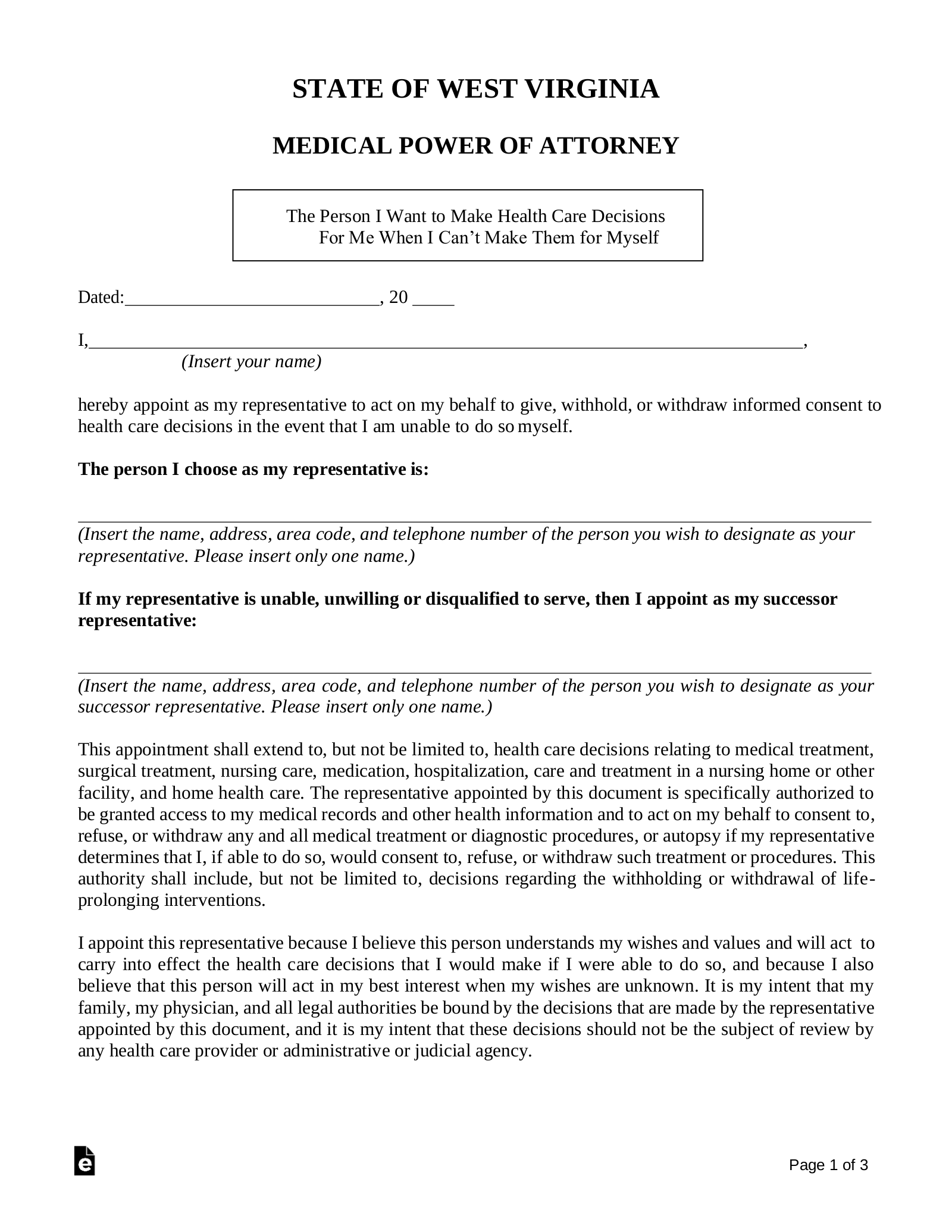 Free West Virginia Medical Power Of Attorney Form PDF Word EForms