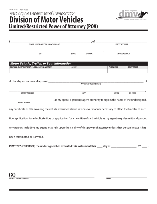 West Virginia Vehicle Power of Attorney Form