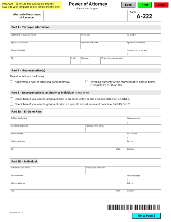 Wisconsin Tax Power of Attorney (Form A-222)