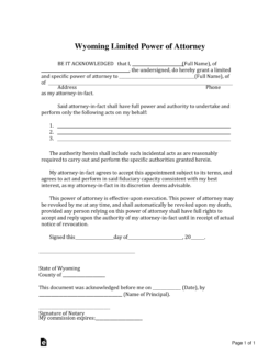 Wyoming Limited Power of Attorney Form