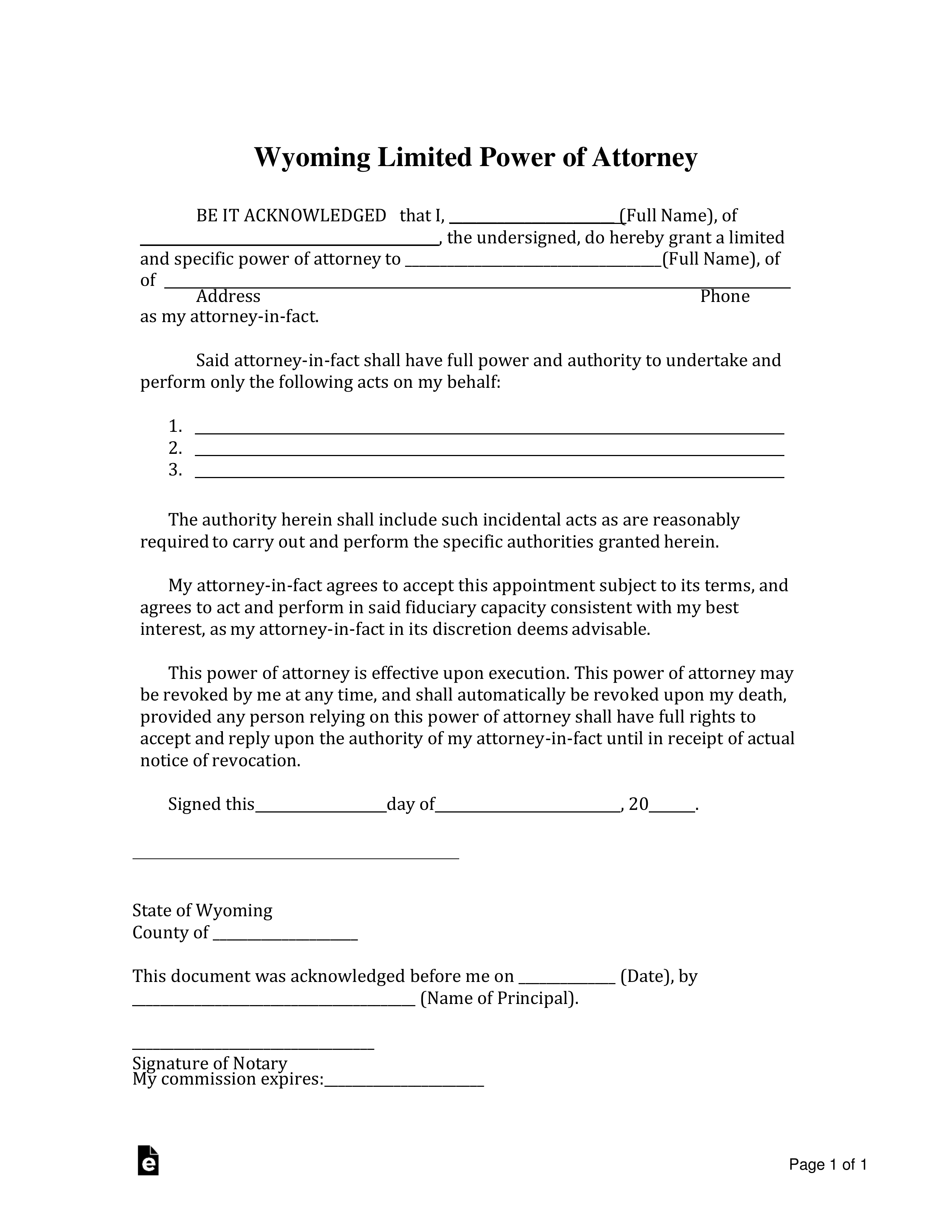 Wyoming Limited Power of Attorney Form