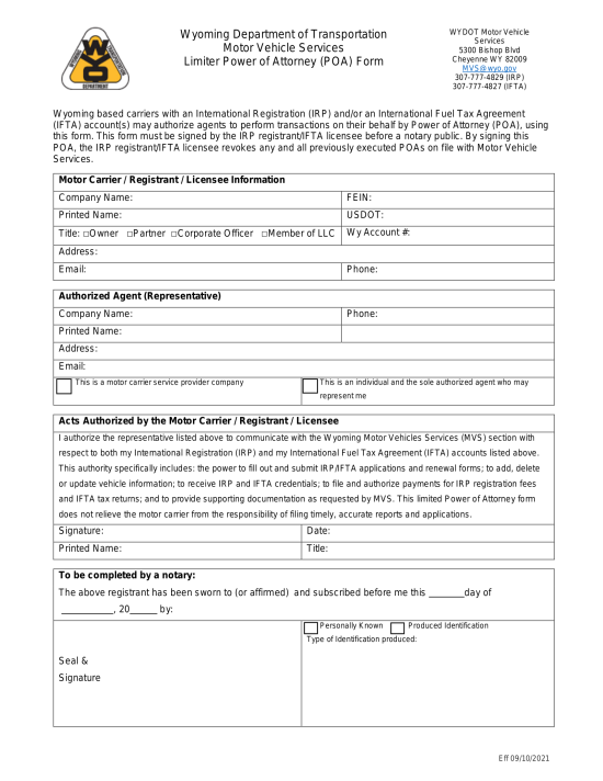Wyoming Vehicle Power of Attorney Form