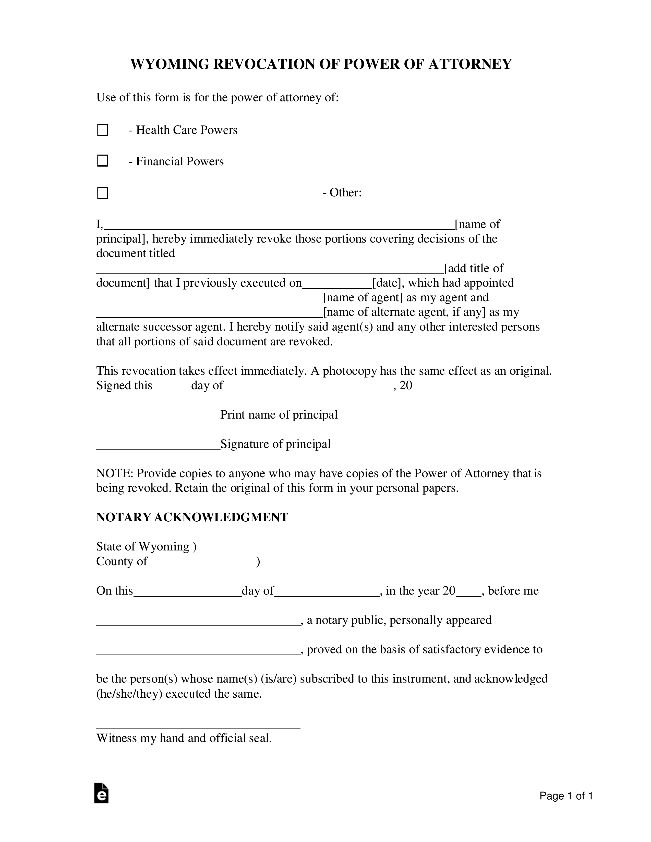 Wyoming Revocation of Power of Attorney Form