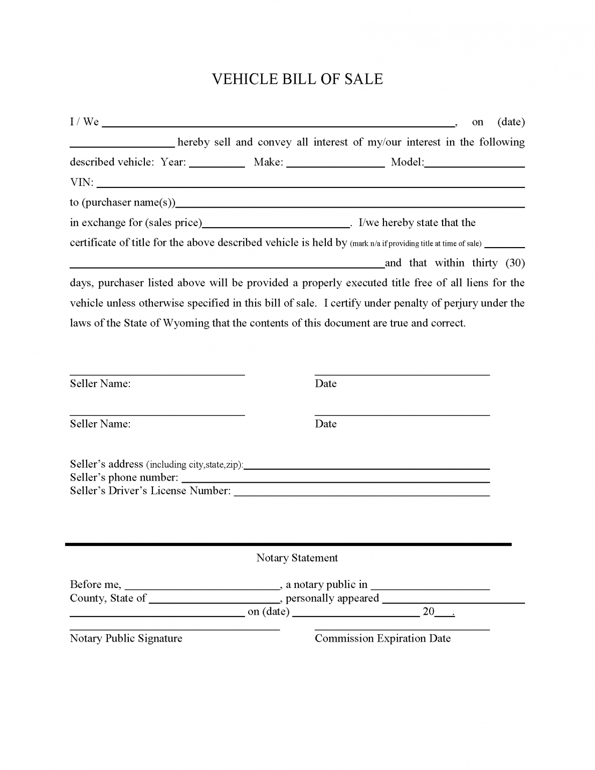 Free Wyoming Motor Vehicle Bill of Sale Forms - PDF | Word – eForms