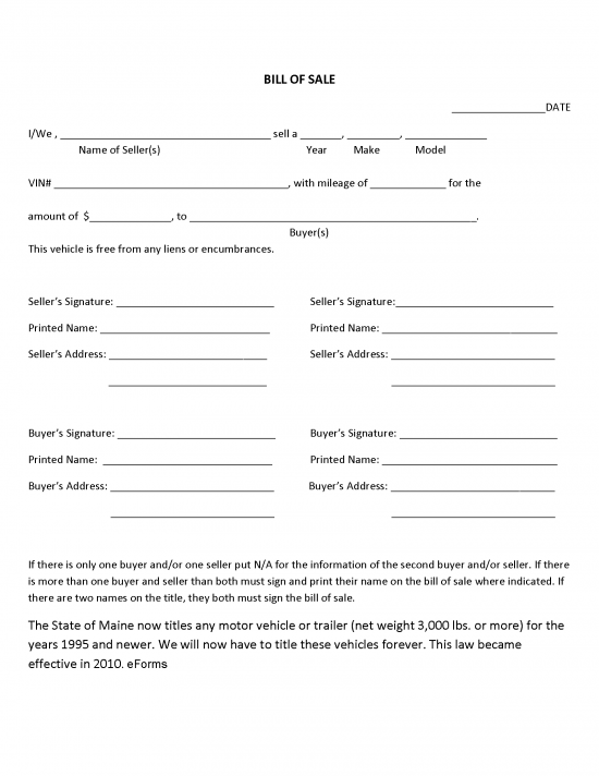 Free Maine Motor Vehicle Bill of Sale Form - PDF – eForms