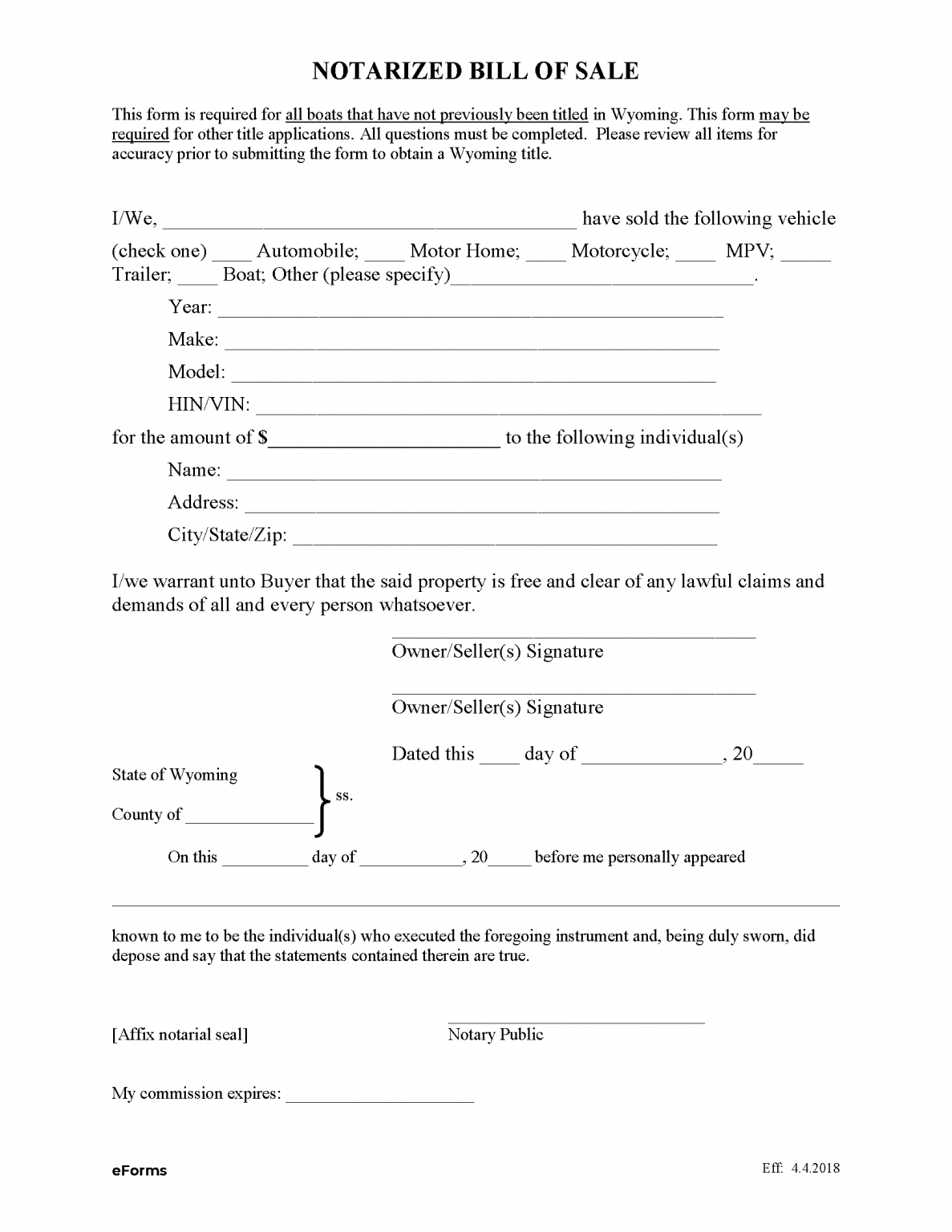 Free Wyoming Motor Vehicle Bill of Sale Forms (11) - PDF | Word – eForms