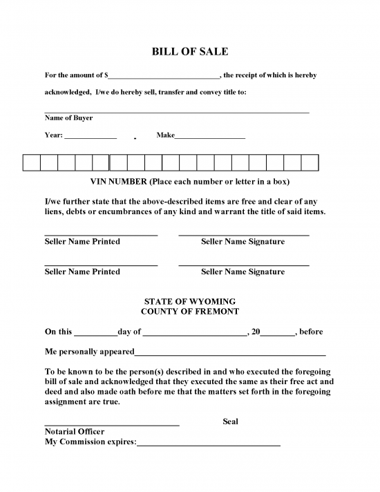 Free Wyoming Motor Vehicle Bill Of Sale Forms - Pdf 