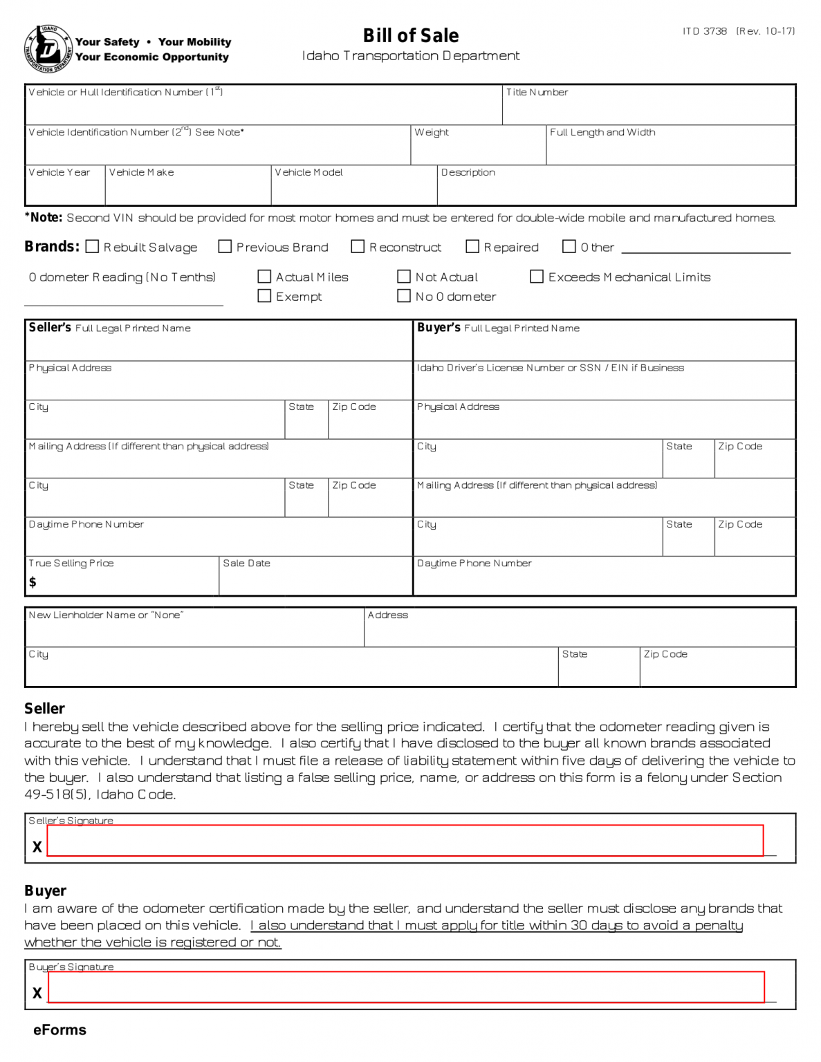 Free Idaho Bill of Sale Forms PDF eForms