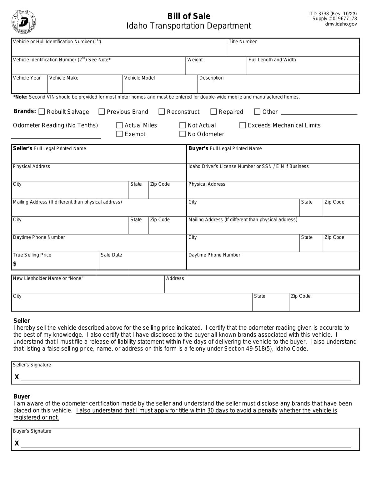 Gratis Idaho Motor Vehicle Bill Of Sale Form ITD 3738 PDF EForms 