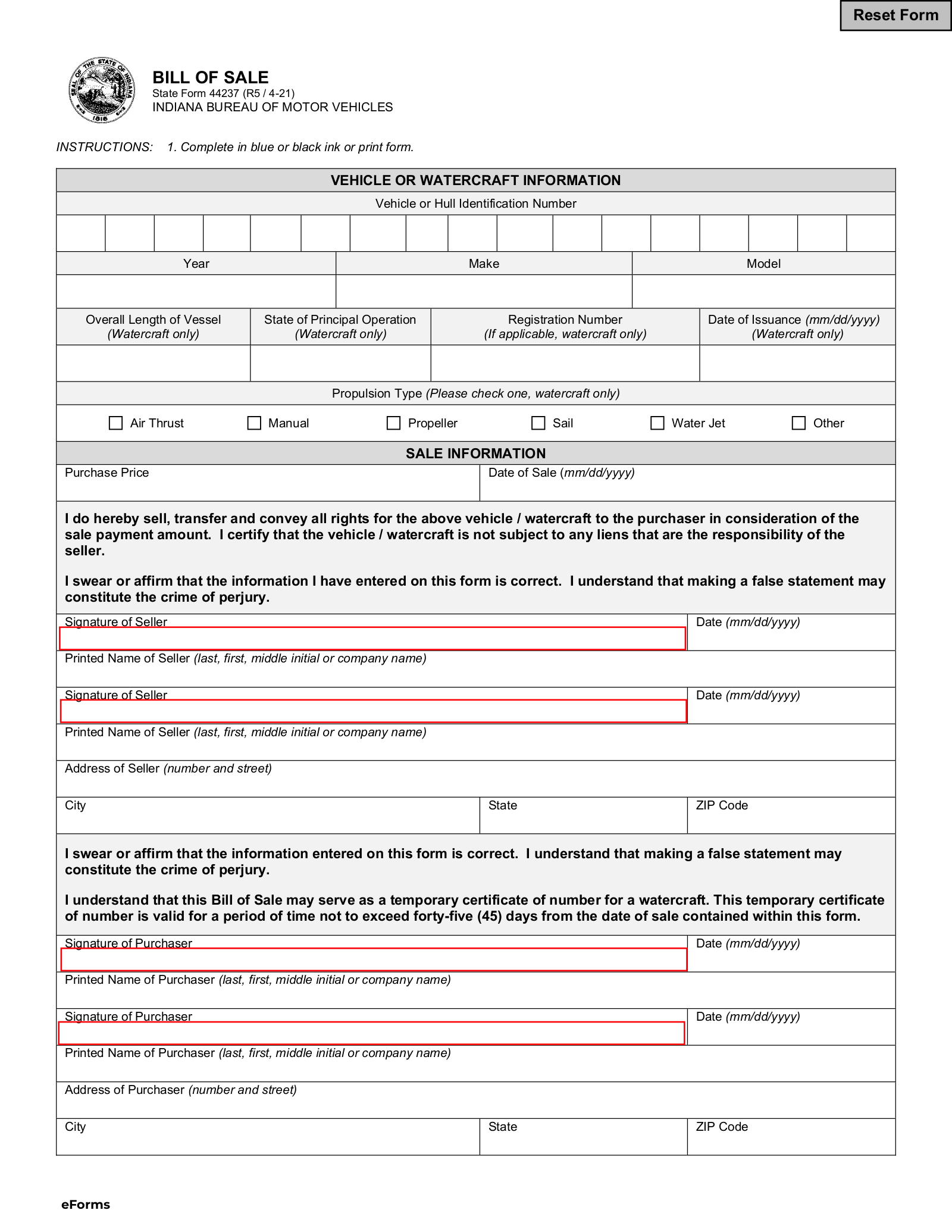 Indiana Motor Vehicle Bill of Sale | Form 44237