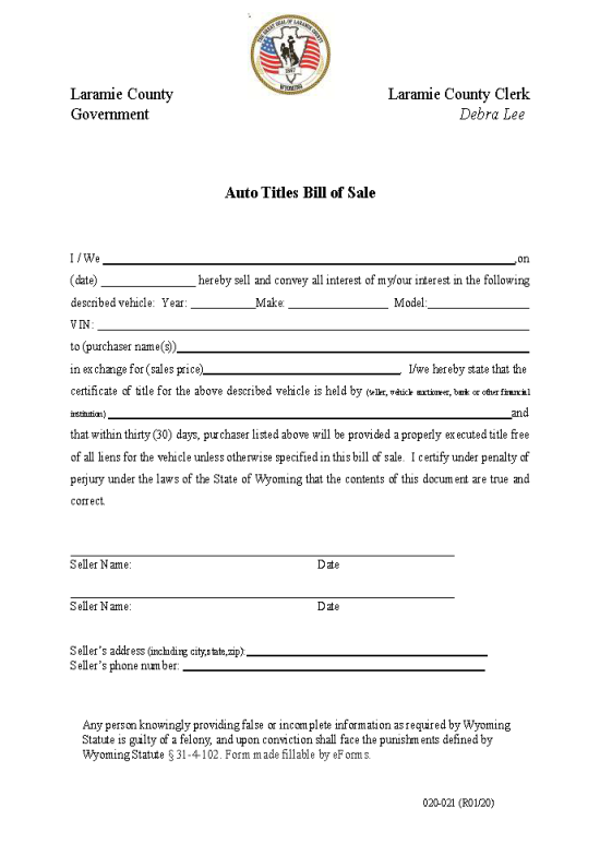 Free Wyoming Motor Vehicle Bill of Sale Forms PDF Word eForms