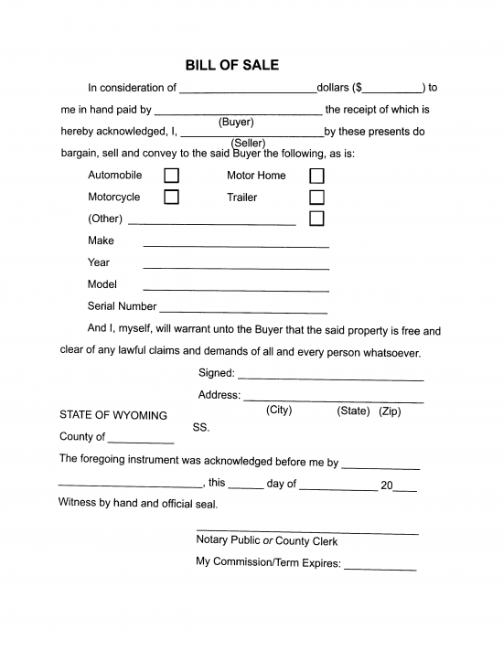 Free Wyoming Motor Vehicle Bill of Sale Forms - PDF | Word – eForms