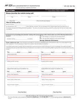 Maryland Motor Vehicle Bill of Sale | Form VR-181