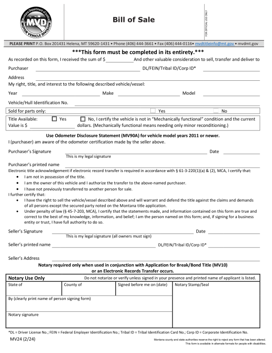 Montana Motor Vehicle Bill of Sale | Form MV24