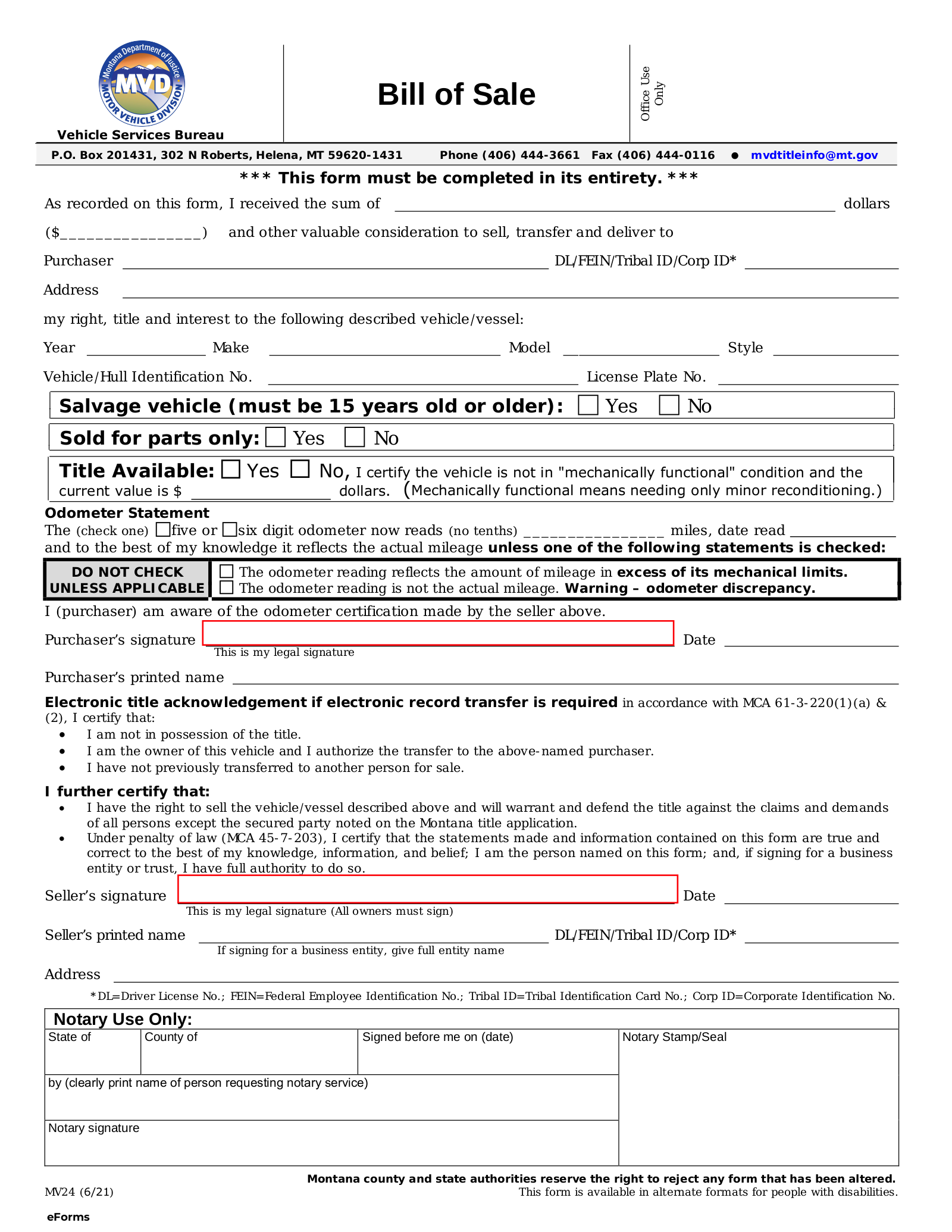 Montana Bill of Sale Forms (4)