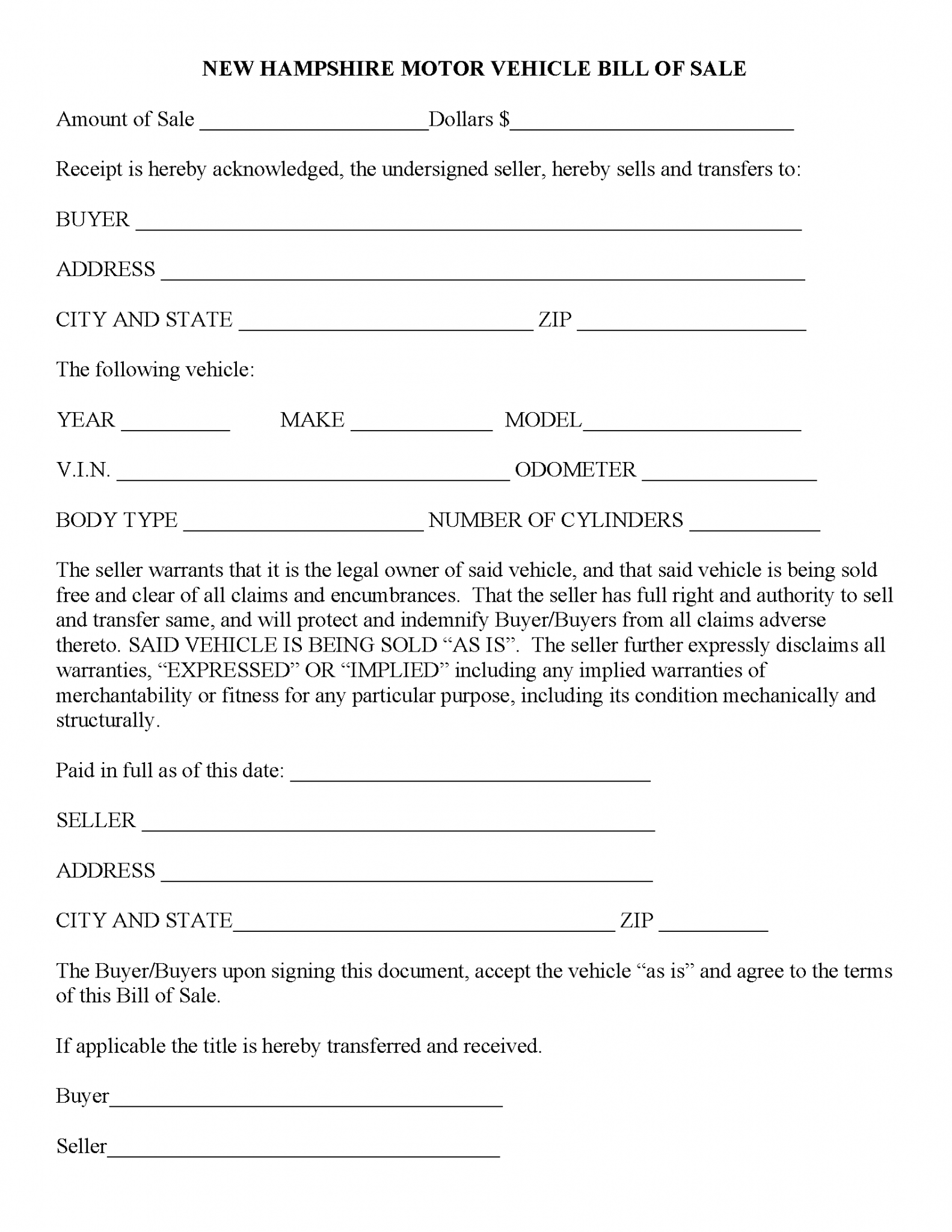 Voln New Hampshire Motor Vehicle Bill Of Sale Form PDF eForms 