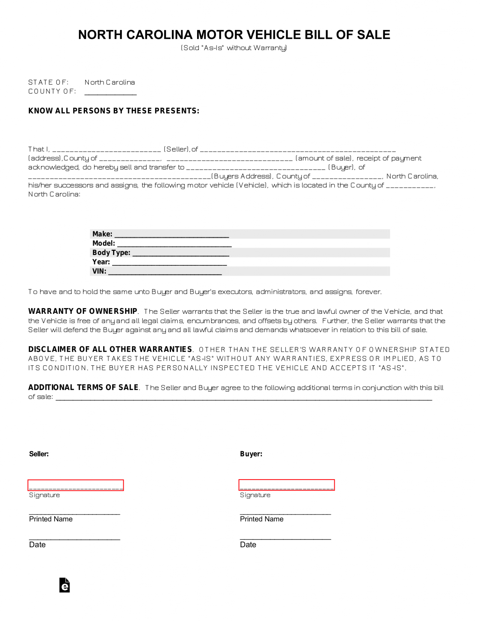 free north carolina motor vehicle bill of sale form pdf