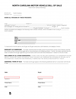 North Carolina Motor Vehicle Bill of Sale Form