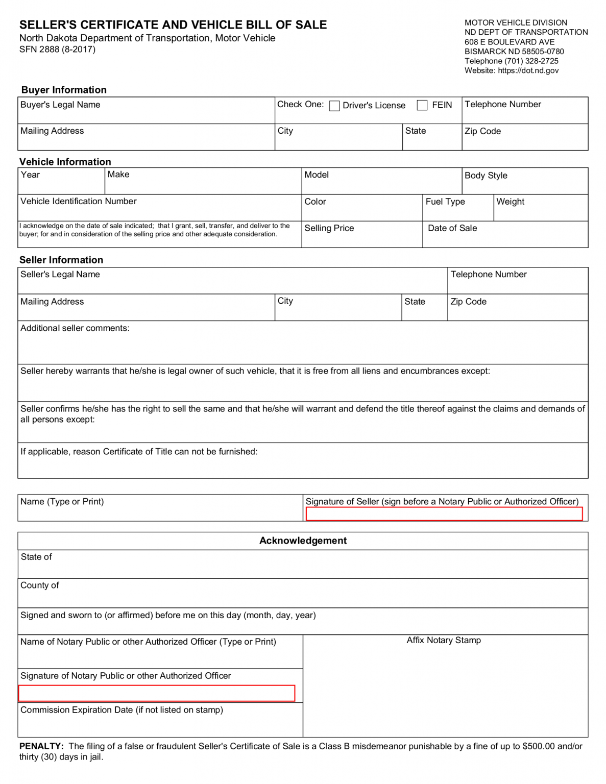 north dakota motor vehicle bill of sale form sfn 2888