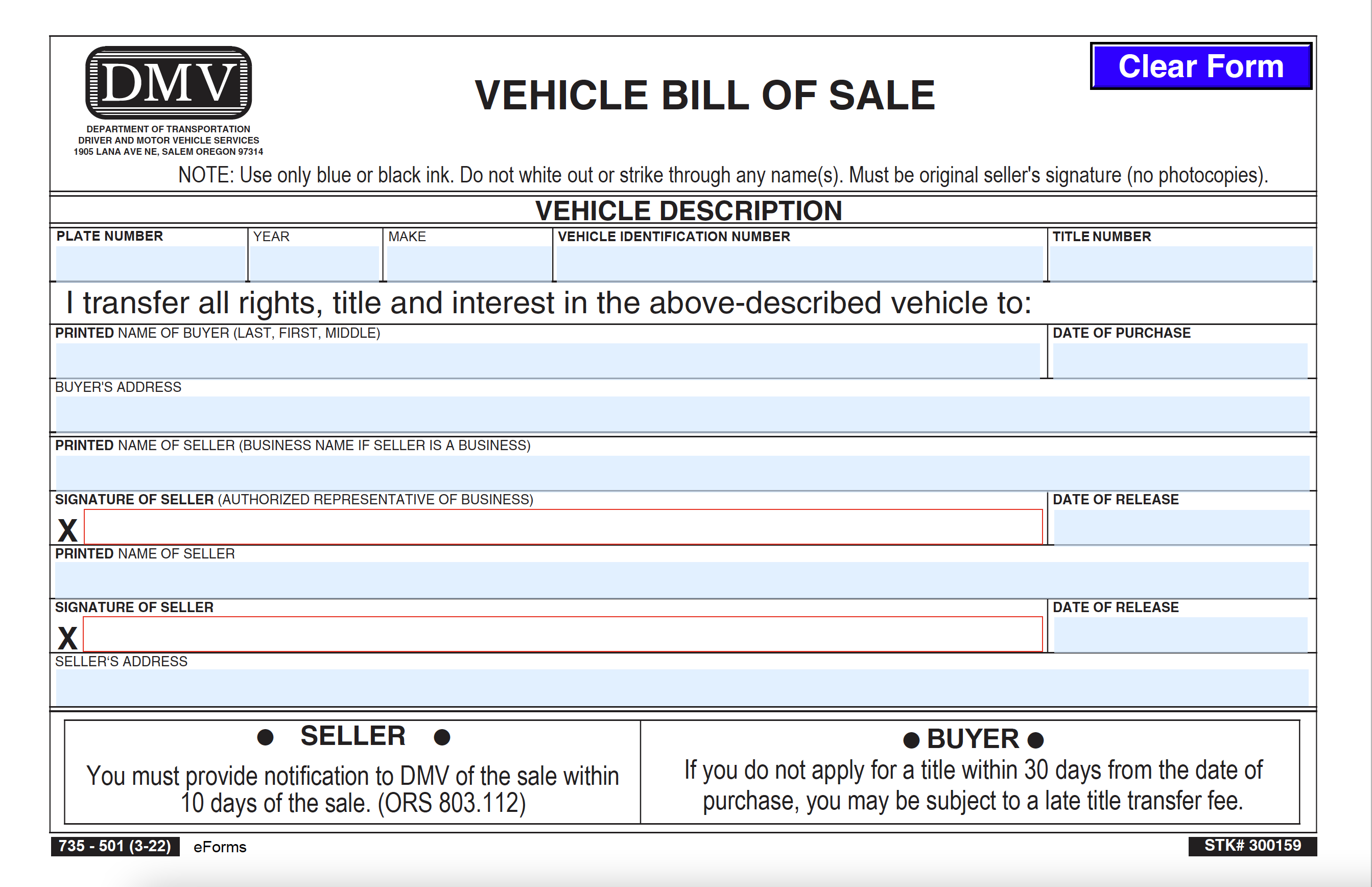 Oregon Motor Vehicle Bill of Sale | Form 735-501