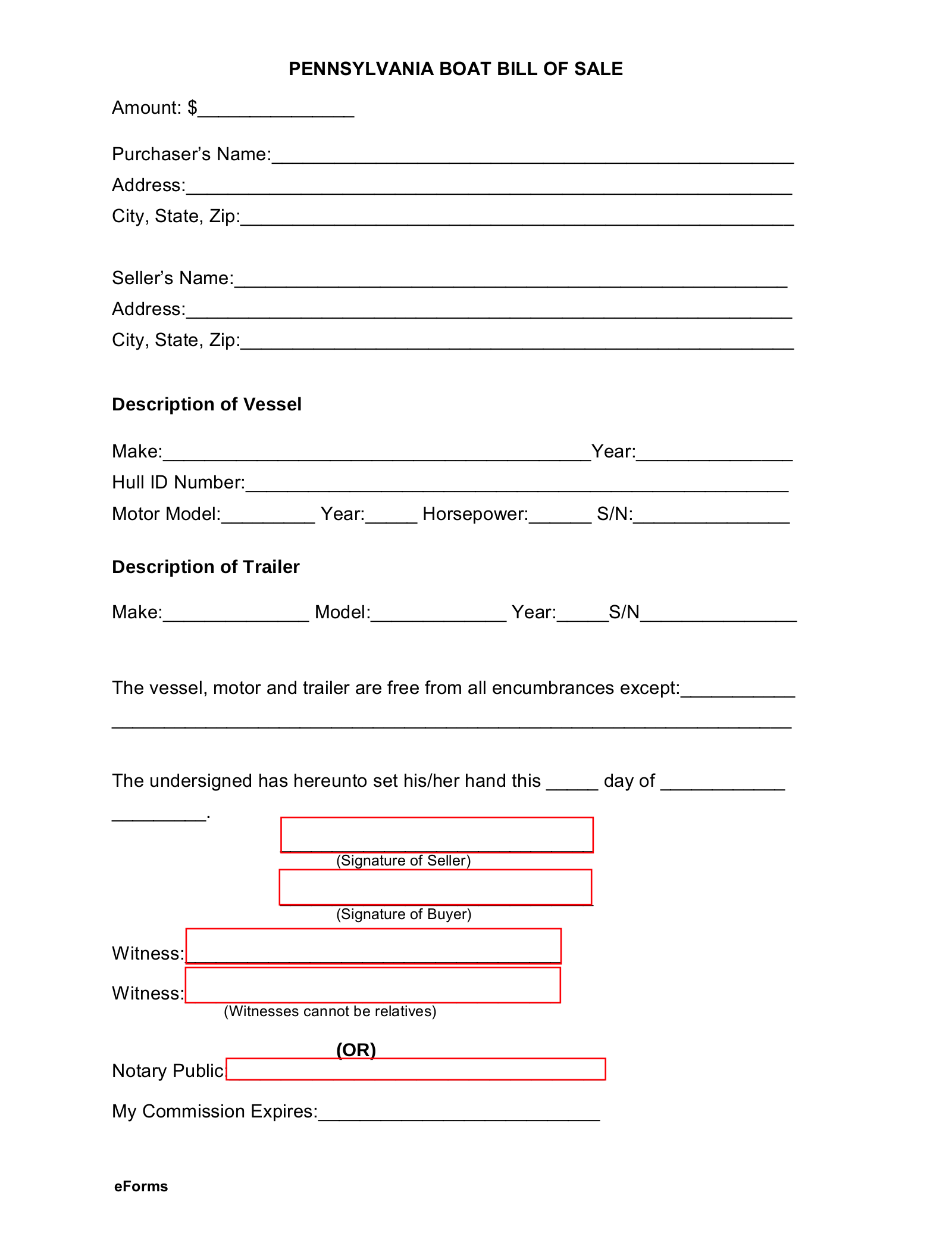 Free Pennsylvania Boat Bill Of Sale Form PDF EForms