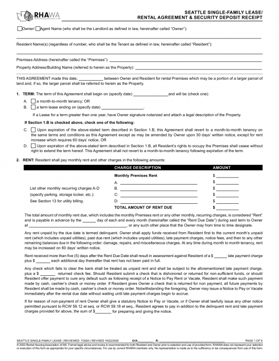 Free Seattle, Washington Standard Residential Lease Agreement Template ...