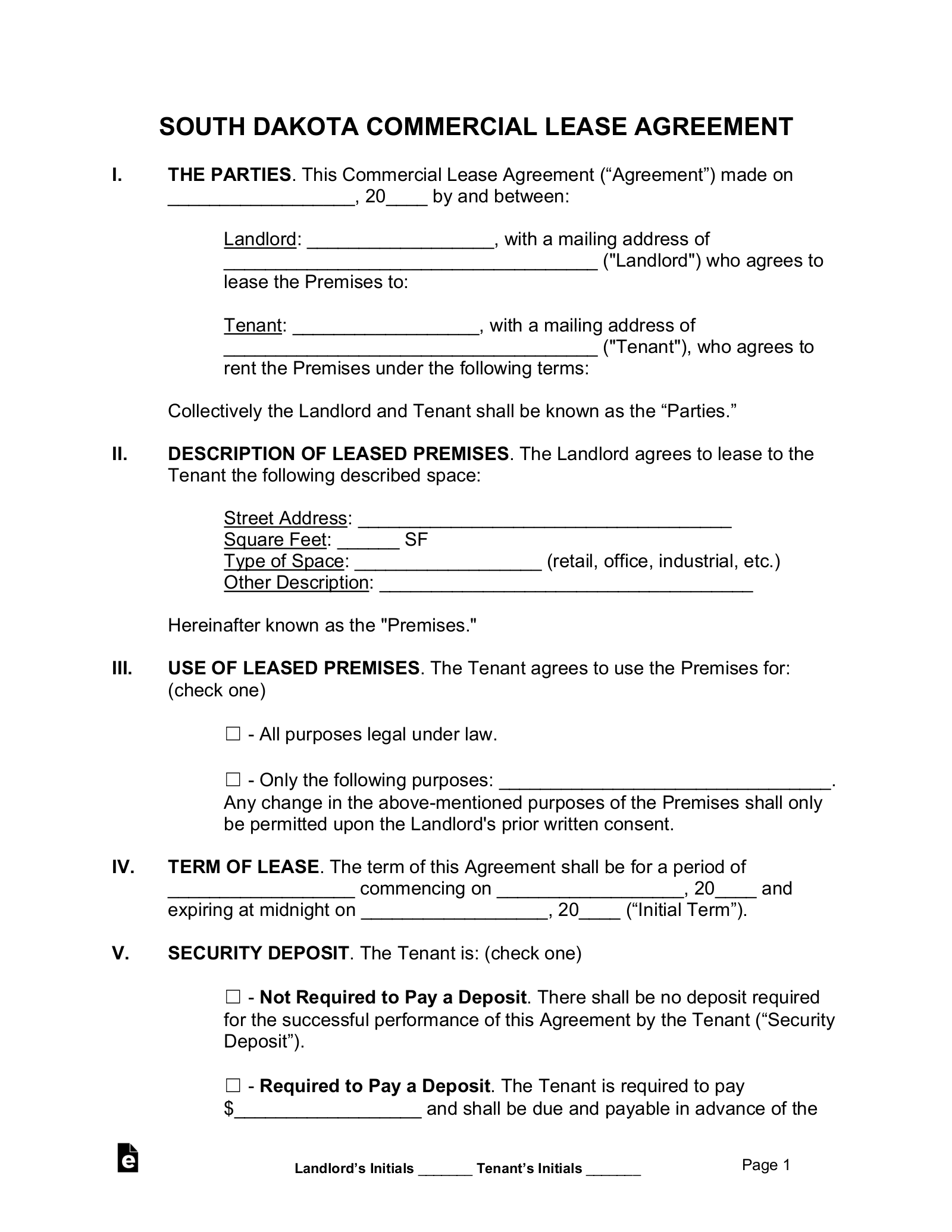 South Dakota Commercial Lease Agreement Template