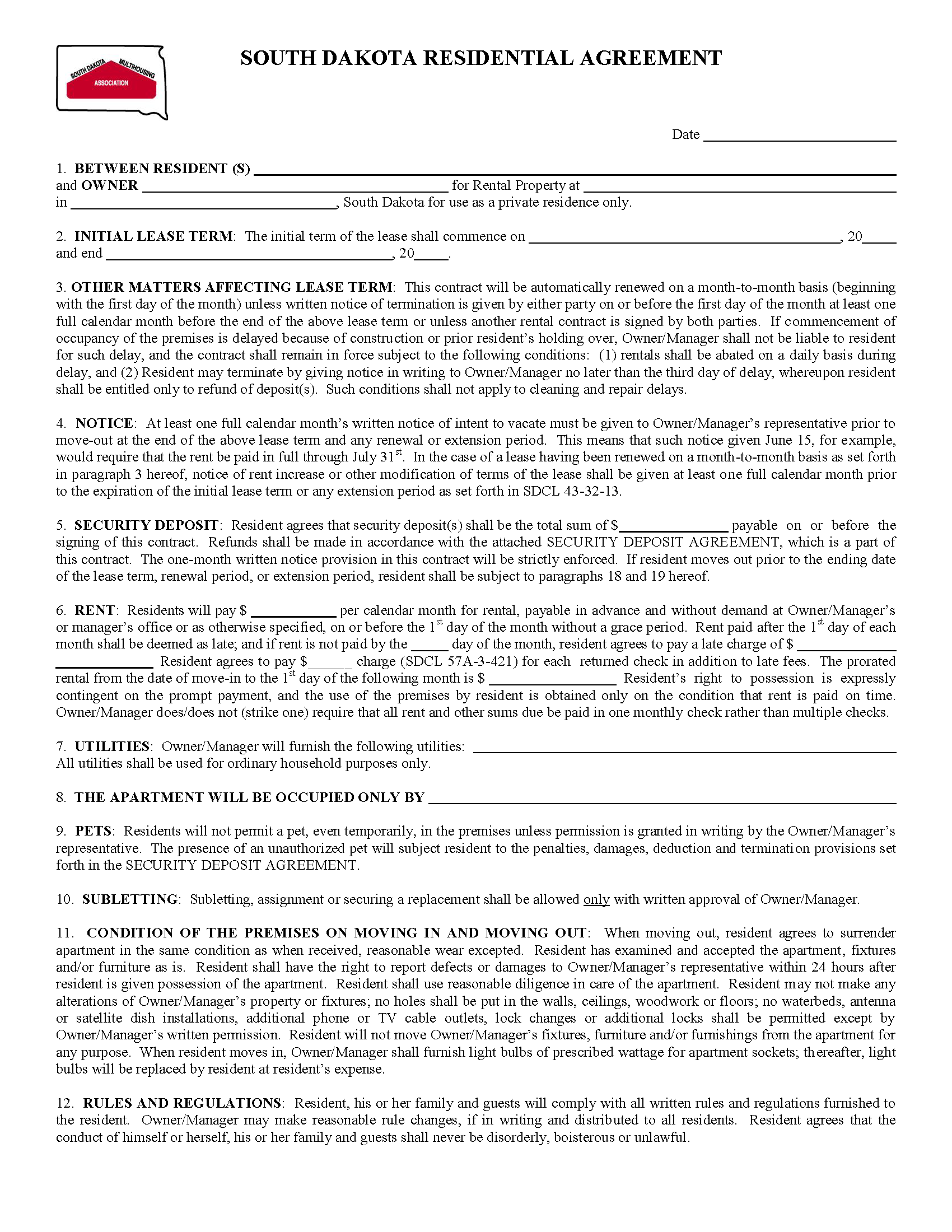 Free South Dakota Standard Residential Lease Agreement PDF Word