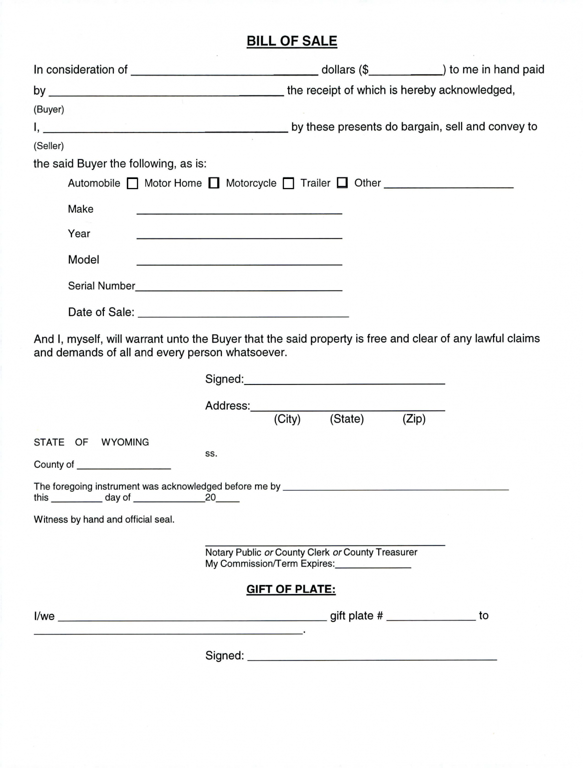 Free Wyoming Motor Vehicle Bill of Sale Forms - PDF | Word – eForms