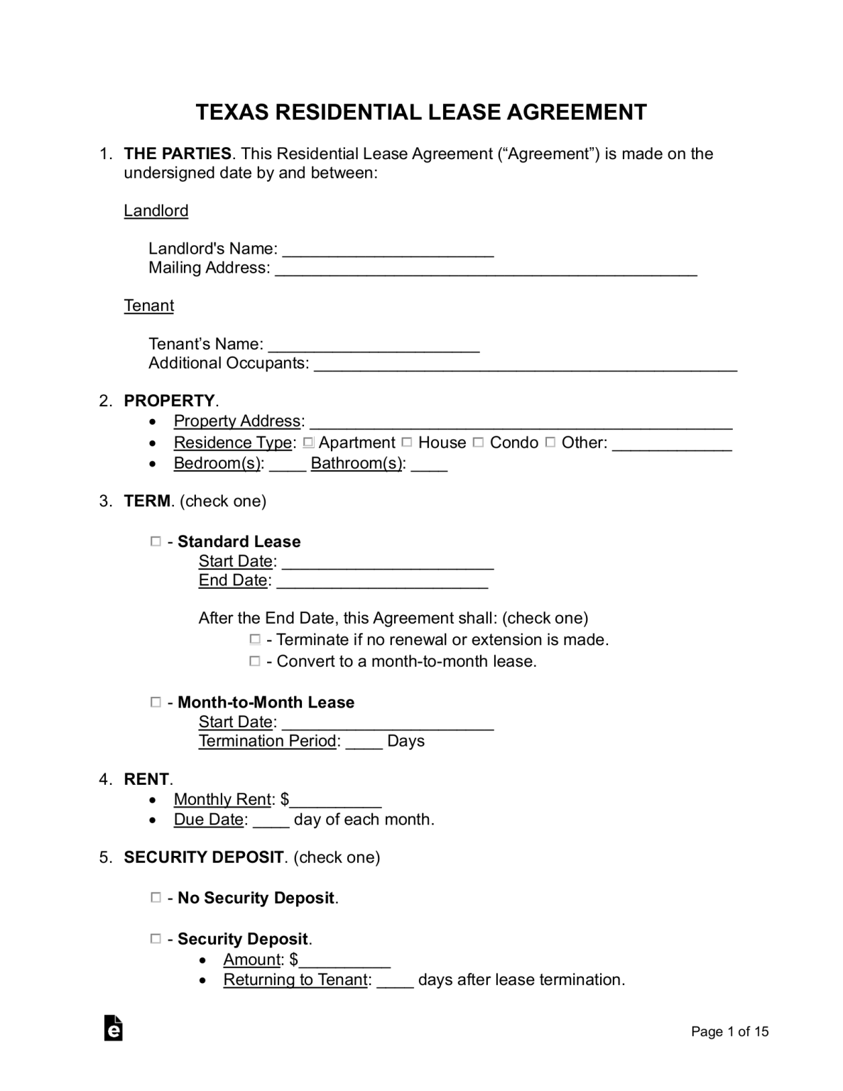 Printable Rental Lease Agreement Texas