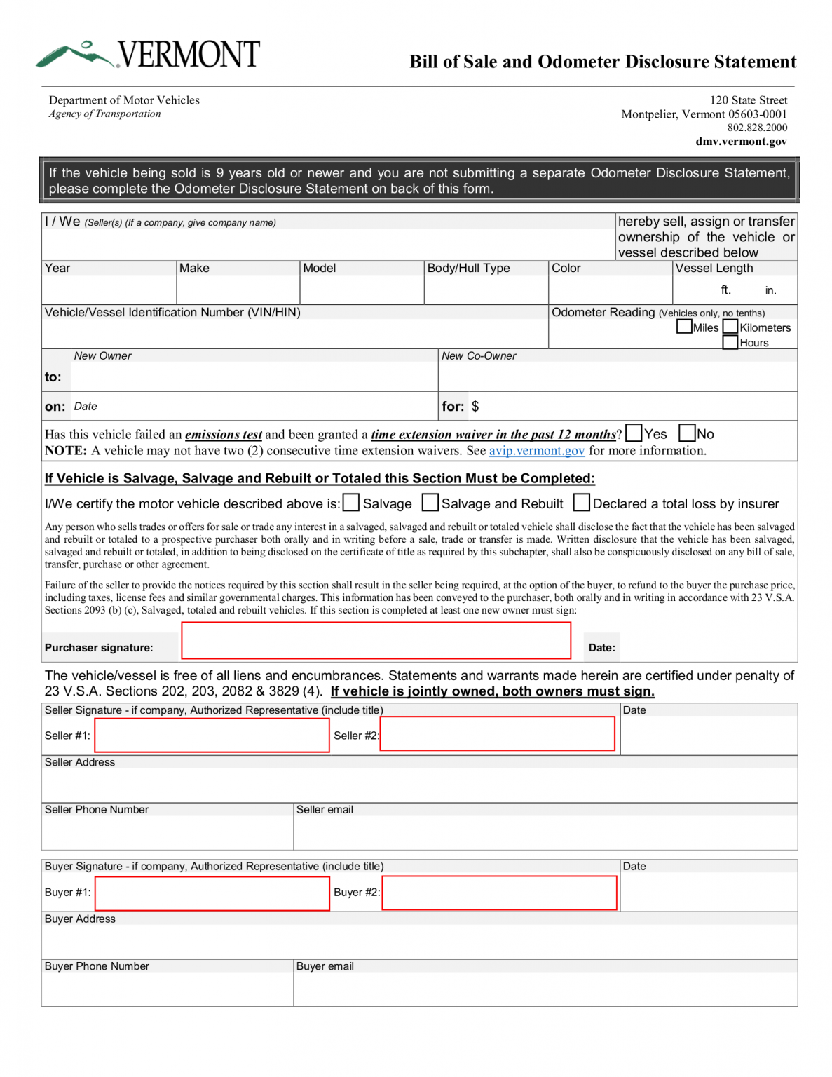 free vermont bill of sale forms pdf eforms