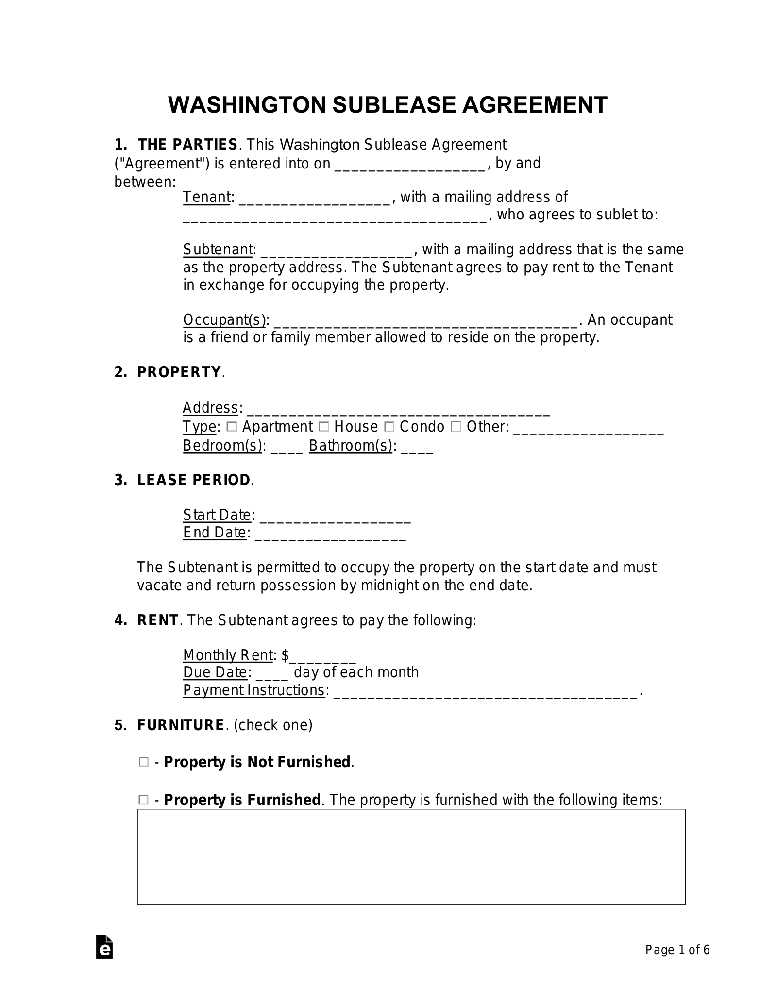 Free Washington Sublease Agreement Template PDF Word EForms