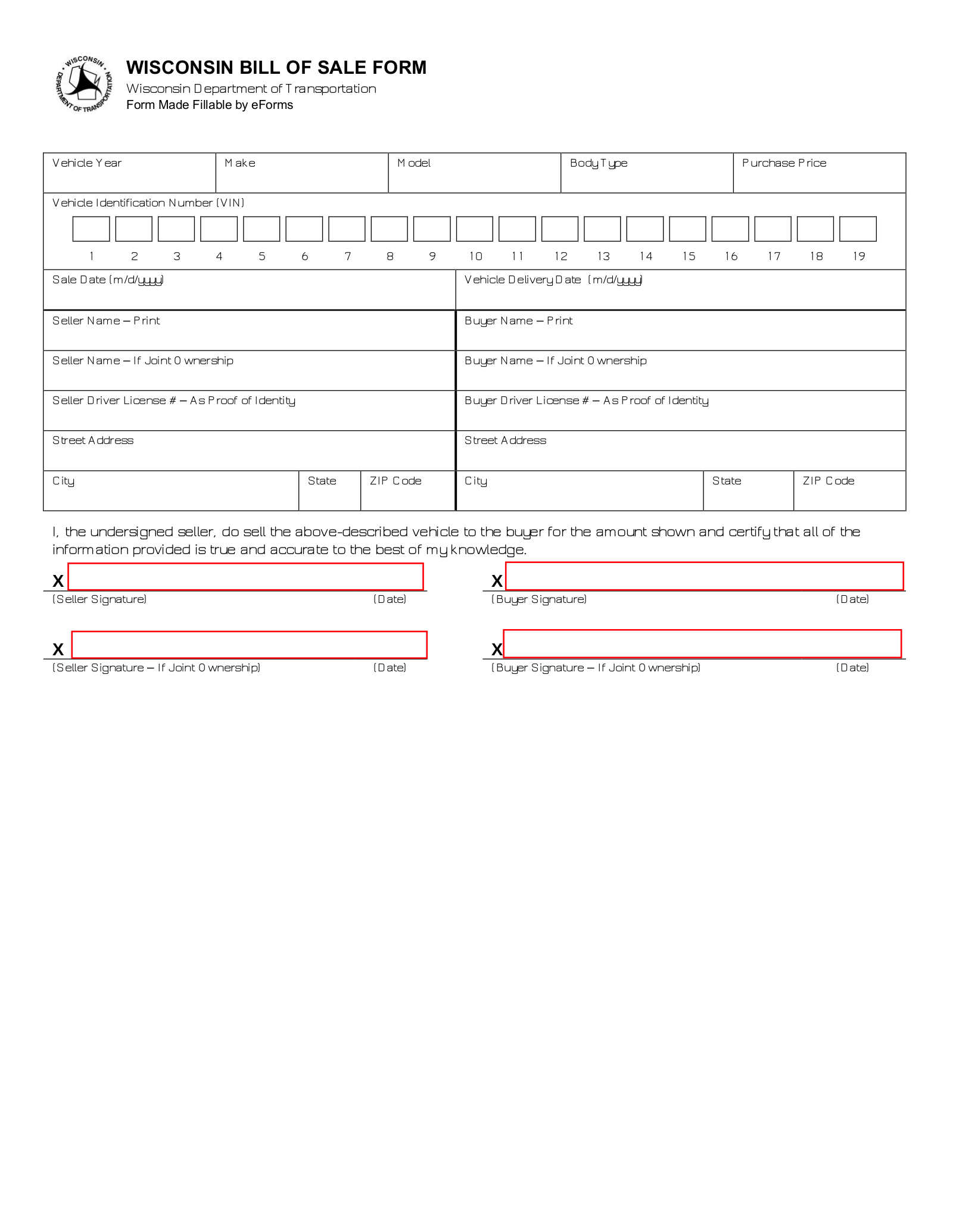 Free Wisconsin Bill Of Sale Forms PDF EForms