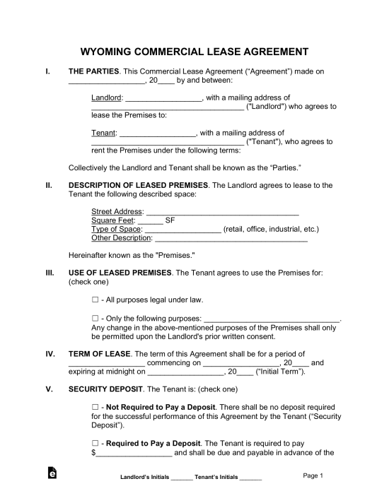 Wyoming Commercial Lease Agreement